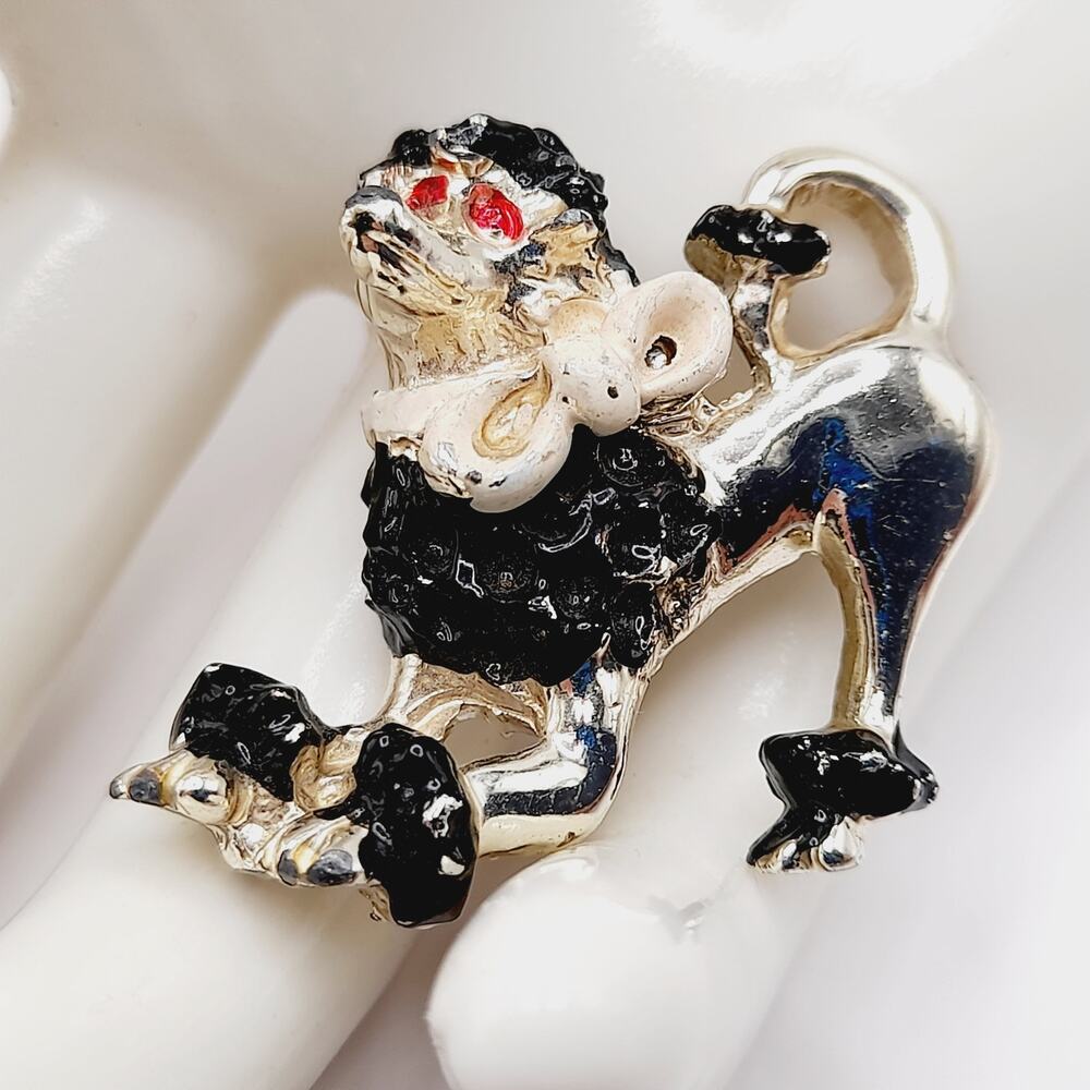 Vintage 1950s Poodle Brooch - 1 1/4 Inch - Black White Red Enamel - Gold Tone